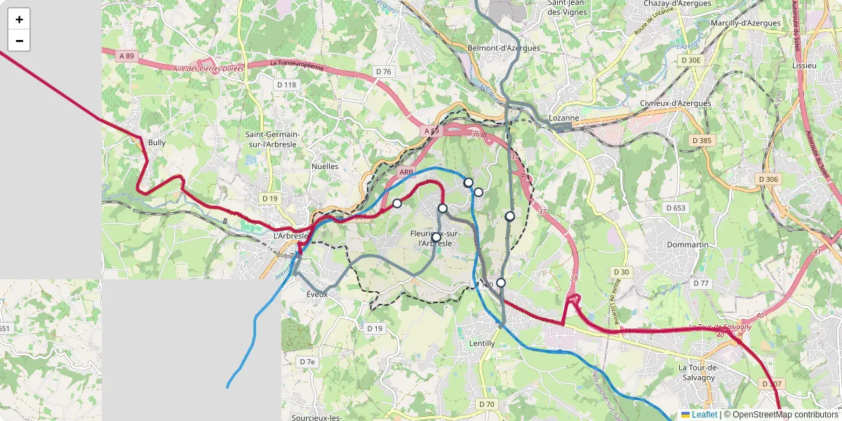 Carte du réseau de transport en commun à Fleurieux-sur-l'Arbresle - lignes de bus et arrêts