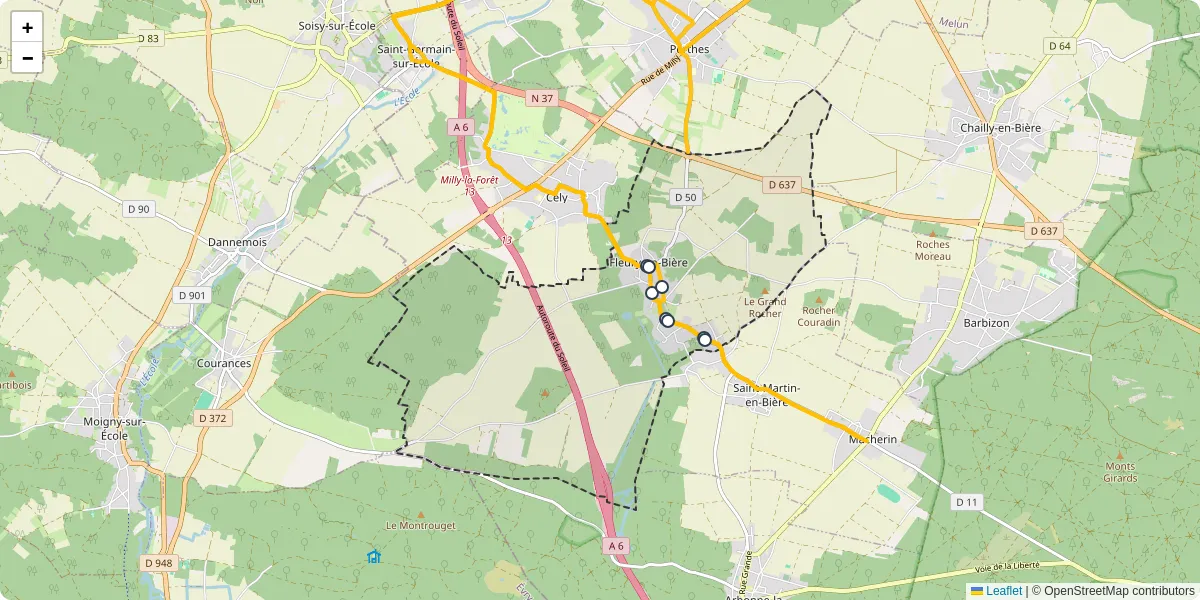 Carte du réseau de transport en commun à Fleury-en-Bière - lignes de bus et arrêts