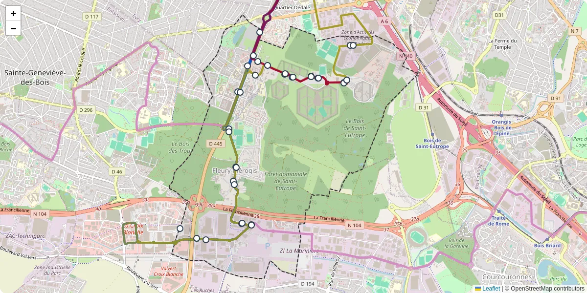 Carte du réseau de transport en commun à Fleury-Mérogis - lignes de bus et arrêts