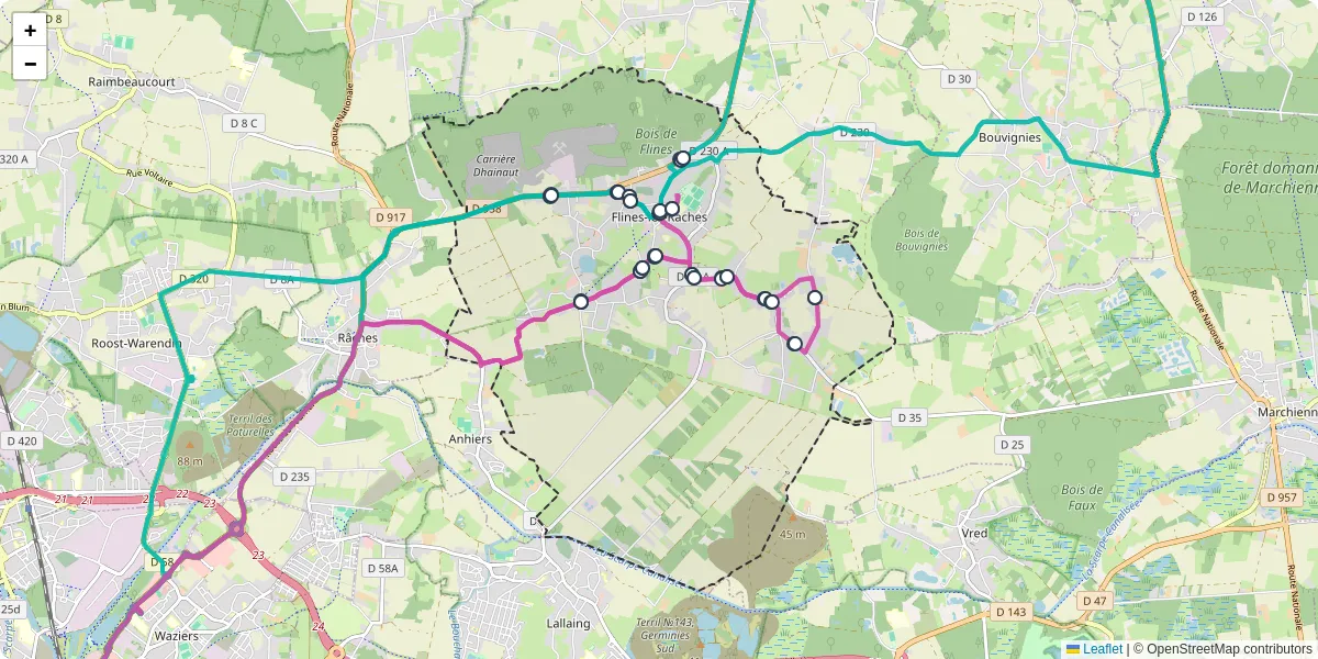 Carte du réseau de transport en commun à Flines-lez-Raches - lignes de bus et arrêts