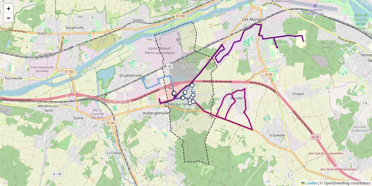 Carte du réseau de transport en commun à Flins-sur-Seine - lignes de bus et arrêts