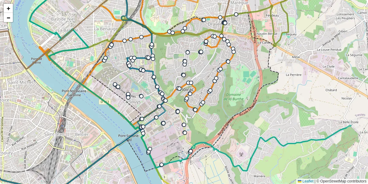 Carte du réseau de transport en commun à Floirac - lignes de bus et arrêts