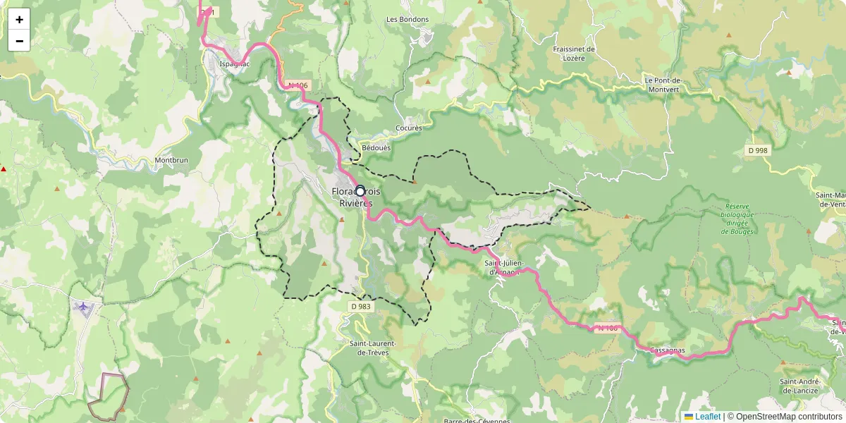 Carte du réseau de transport en commun à Florac Trois Rivières - lignes de bus et arrêts