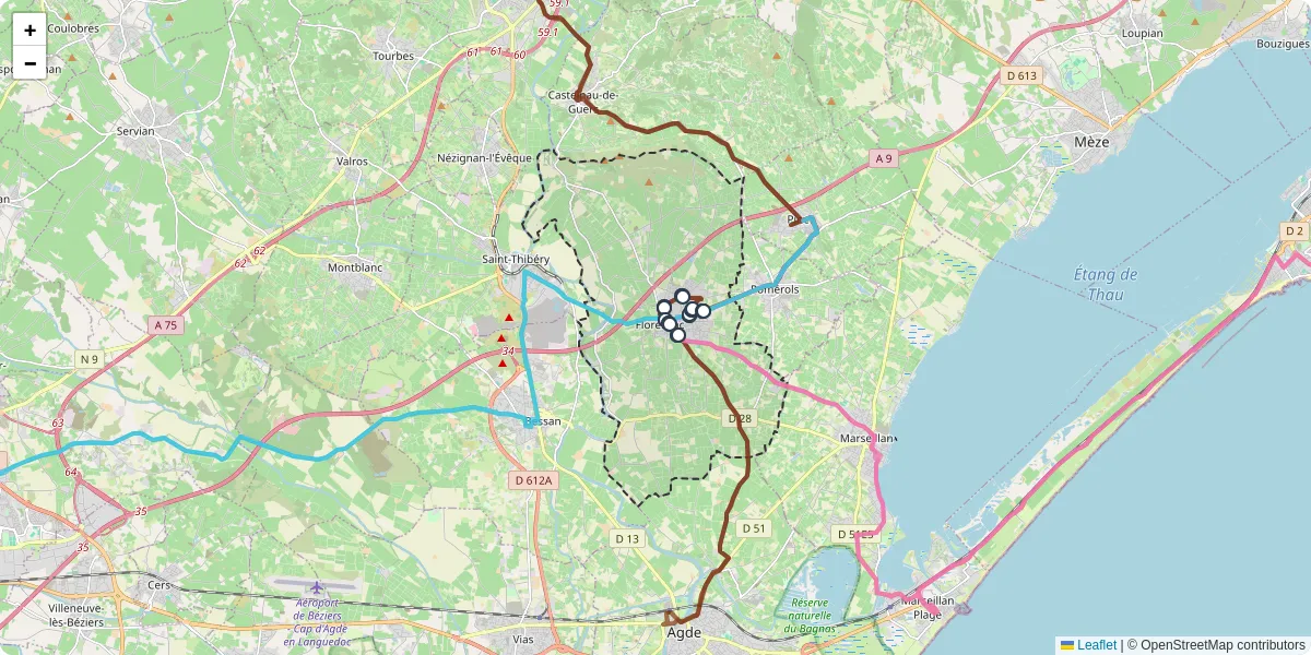 Carte du réseau de transport en commun à Florensac - lignes de bus et arrêts