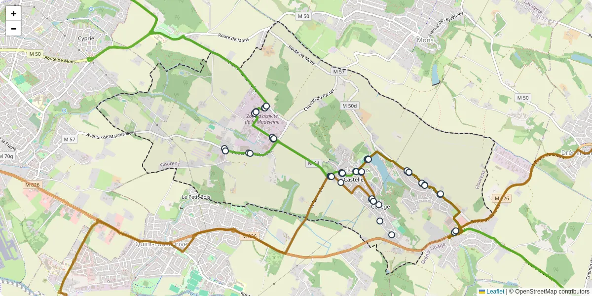 Carte du réseau de transport en commun à Flourens - lignes de bus et arrêts