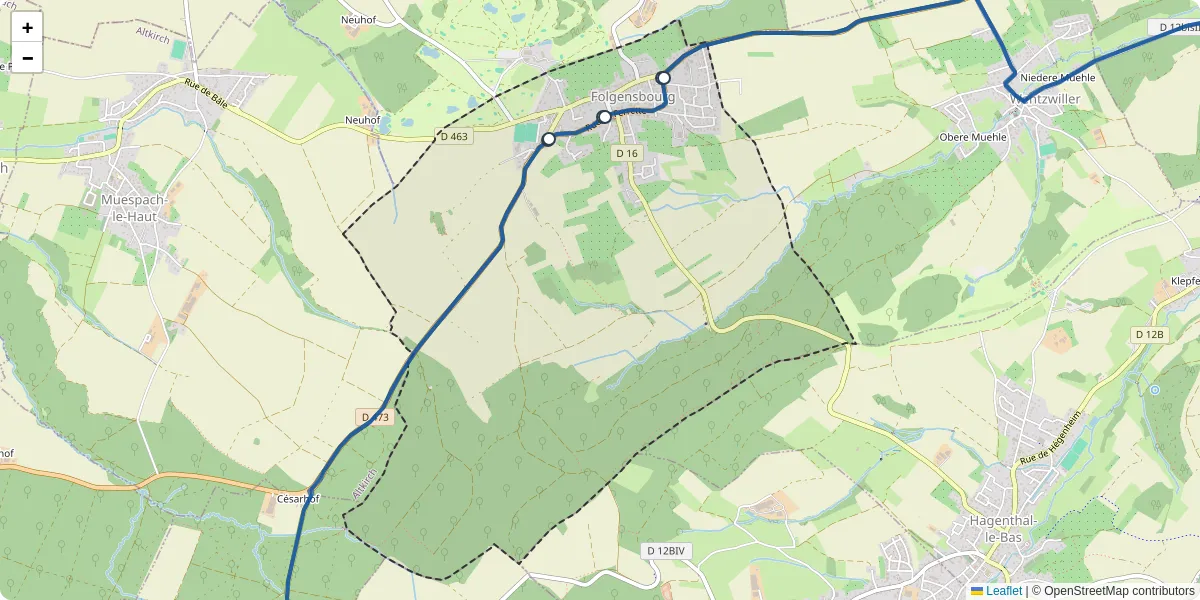 Carte du réseau de transport en commun à Folgensbourg - lignes de bus et arrêts