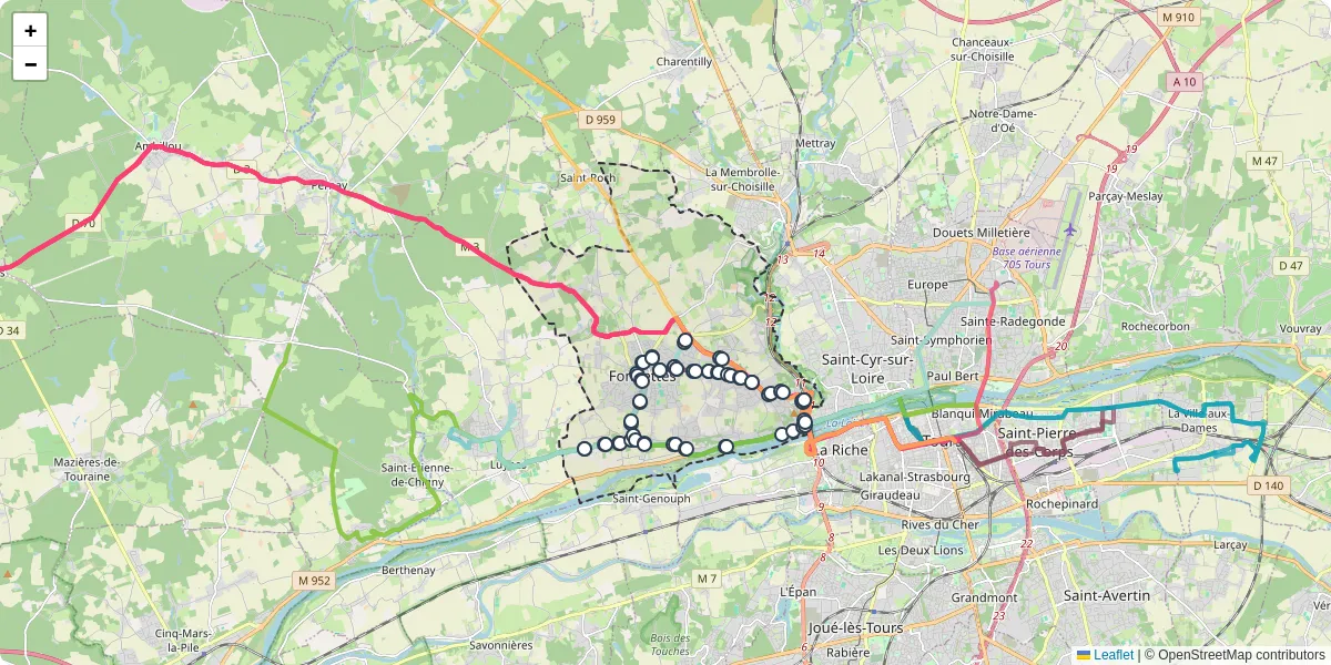 Carte du réseau de transport en commun à Fondettes - lignes de bus et arrêts