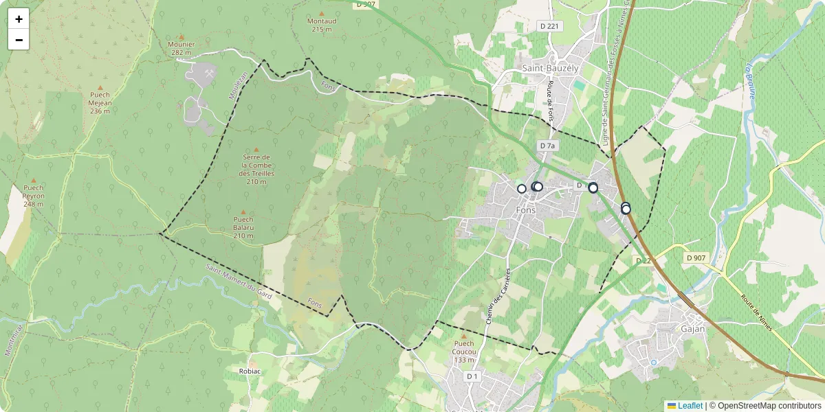 Carte du réseau de transport en commun à Fons - lignes de bus et arrêts