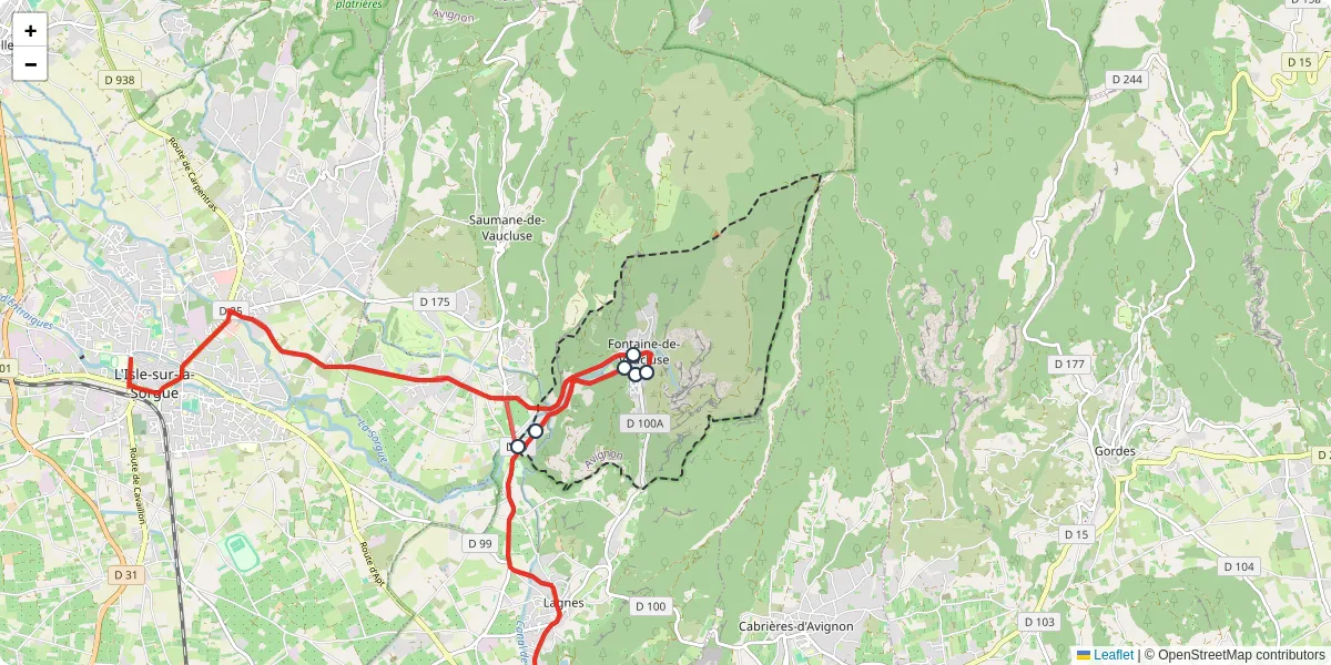 Carte du réseau de transport en commun à Fontaine-de-Vaucluse - lignes de bus et arrêts