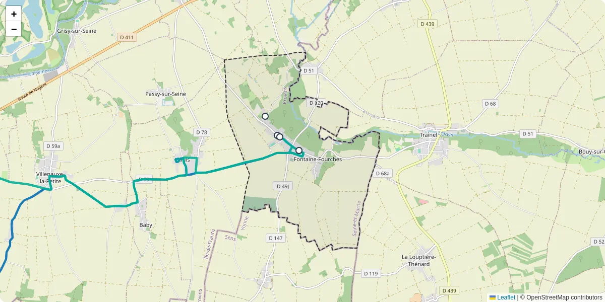 Carte du réseau de transport en commun à Fontaine-Fourches - lignes de bus et arrêts