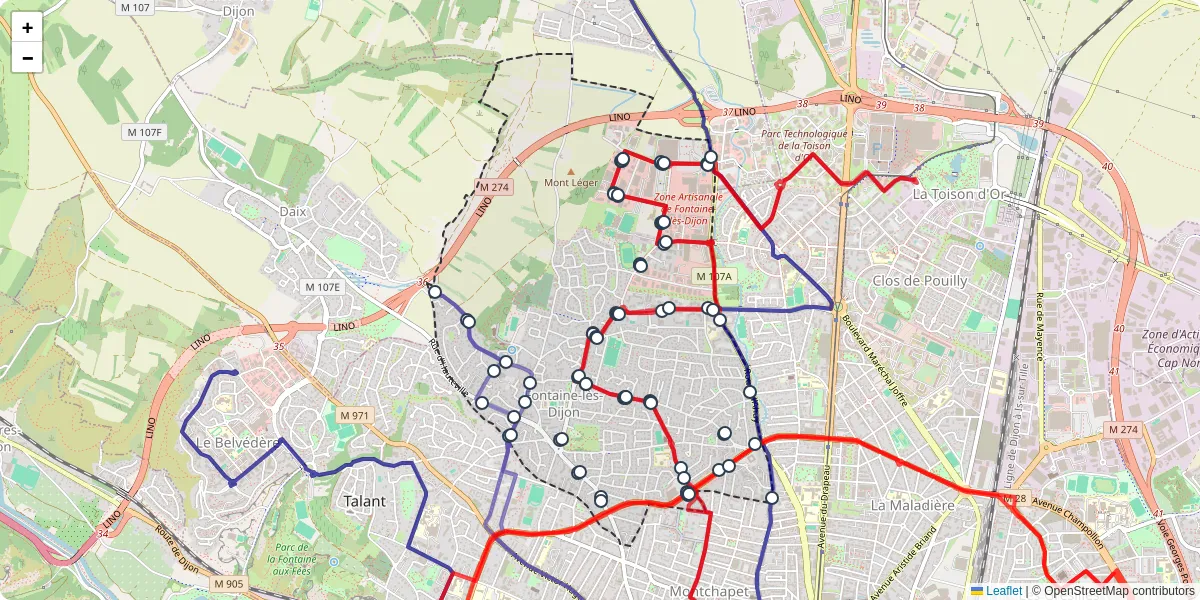Carte du réseau de transport en commun à Fontaine-lès-Dijon - lignes de bus et arrêts