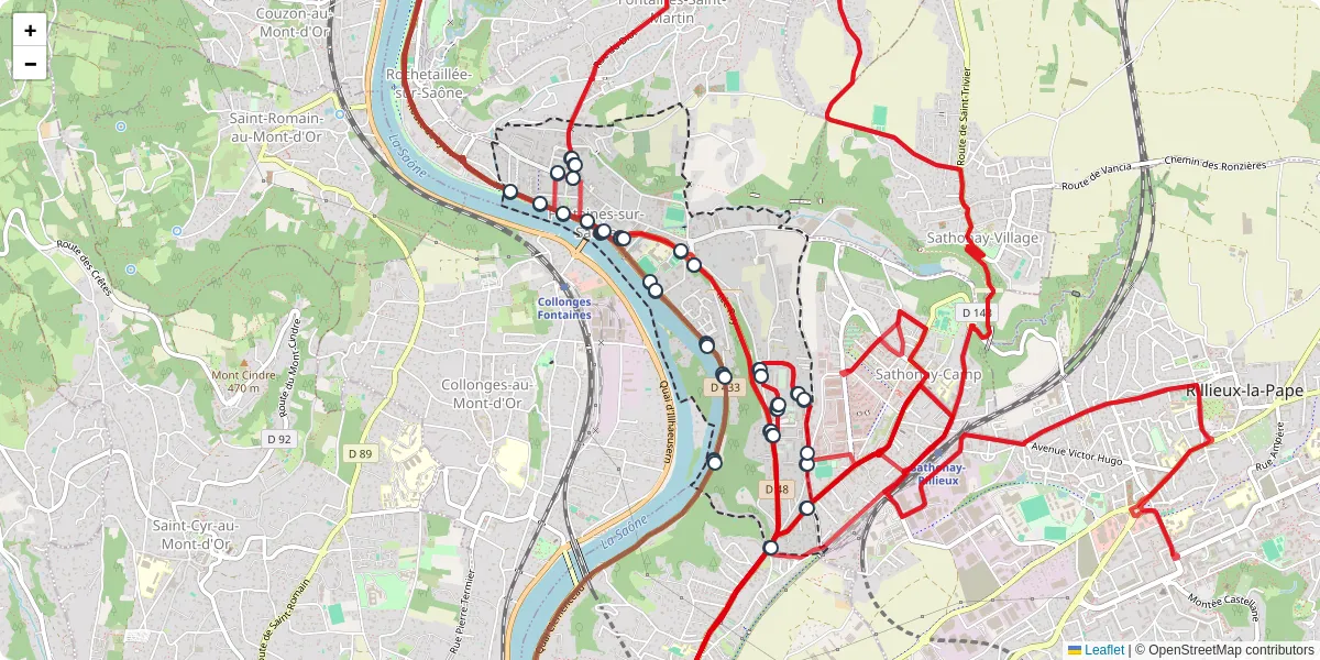 Carte du réseau de transport en commun à Fontaines-sur-Saône - lignes de bus et arrêts