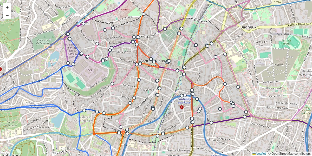 Carte du réseau de transport en commun à Fontenay-aux-Roses - lignes de bus et arrêts