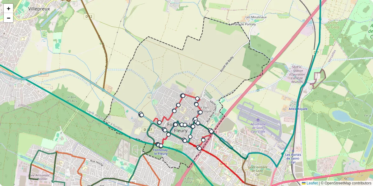 Carte du réseau de transport en commun à Fontenay-le-Fleury - lignes de bus et arrêts