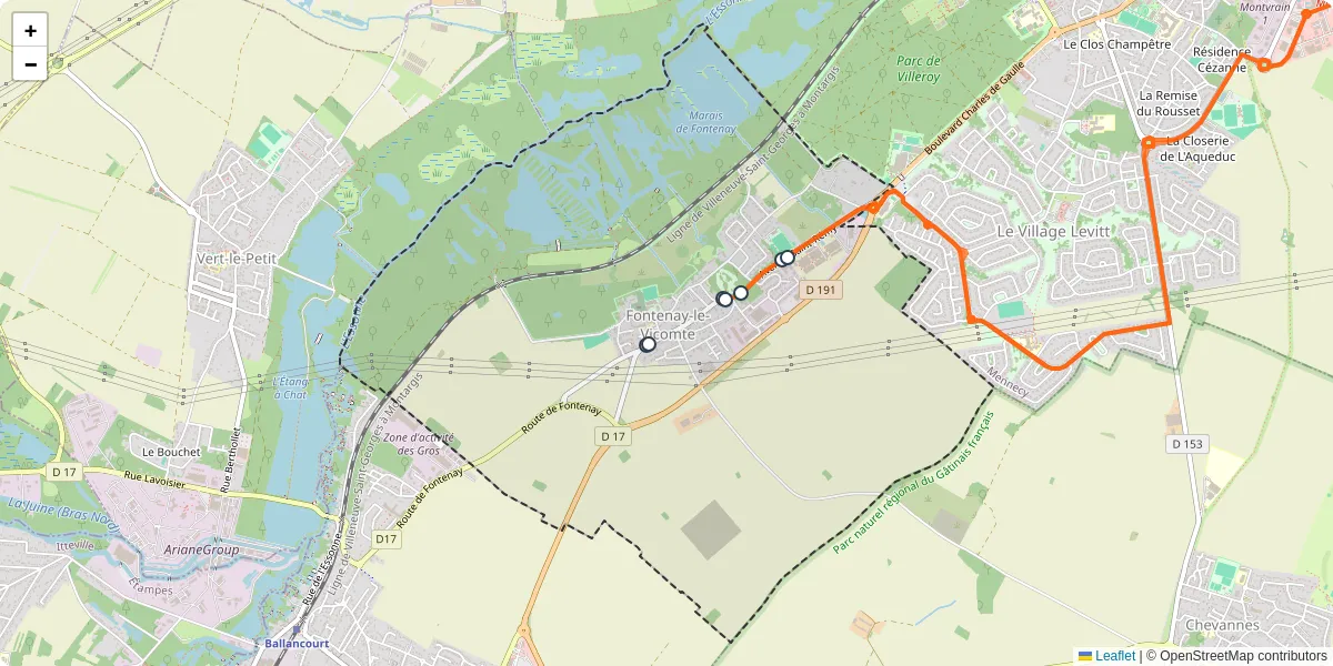 Carte du réseau de transport en commun à Fontenay-le-Vicomte - lignes de bus et arrêts