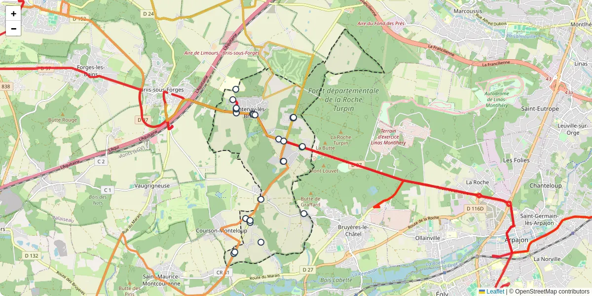 Carte du réseau de transport en commun à Fontenay-lès-Briis - lignes de bus et arrêts