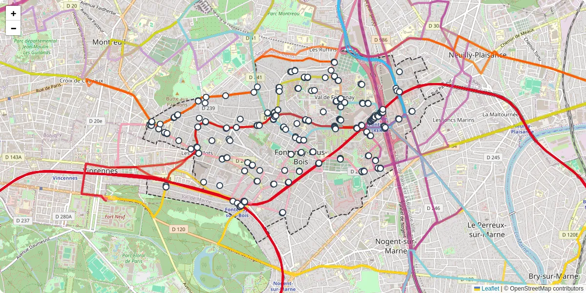 Carte du réseau de transport en commun à Fontenay-sous-Bois - lignes de bus et arrêts