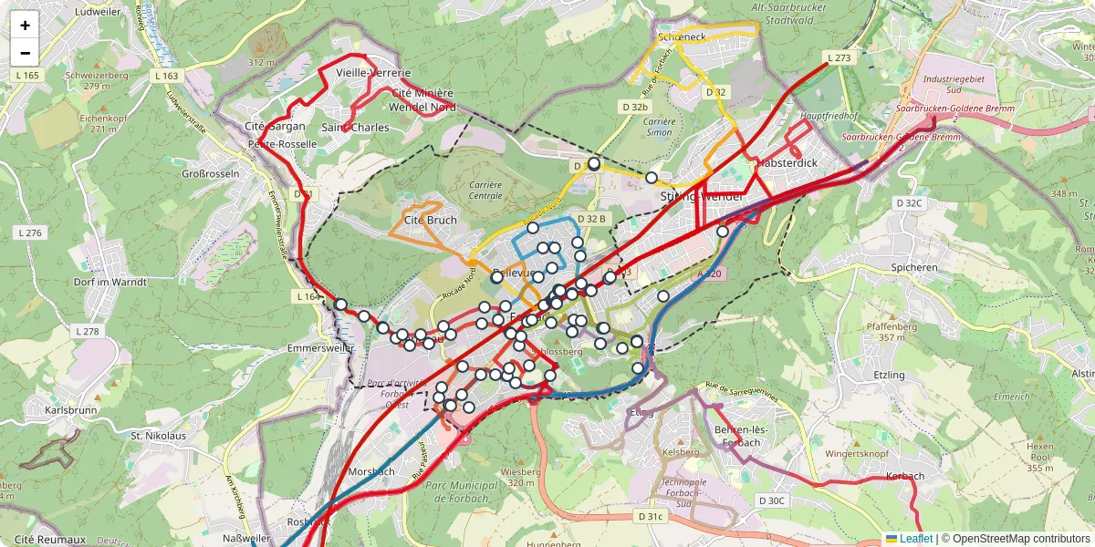 Carte du réseau de transport en commun à Forbach - lignes de bus et arrêts