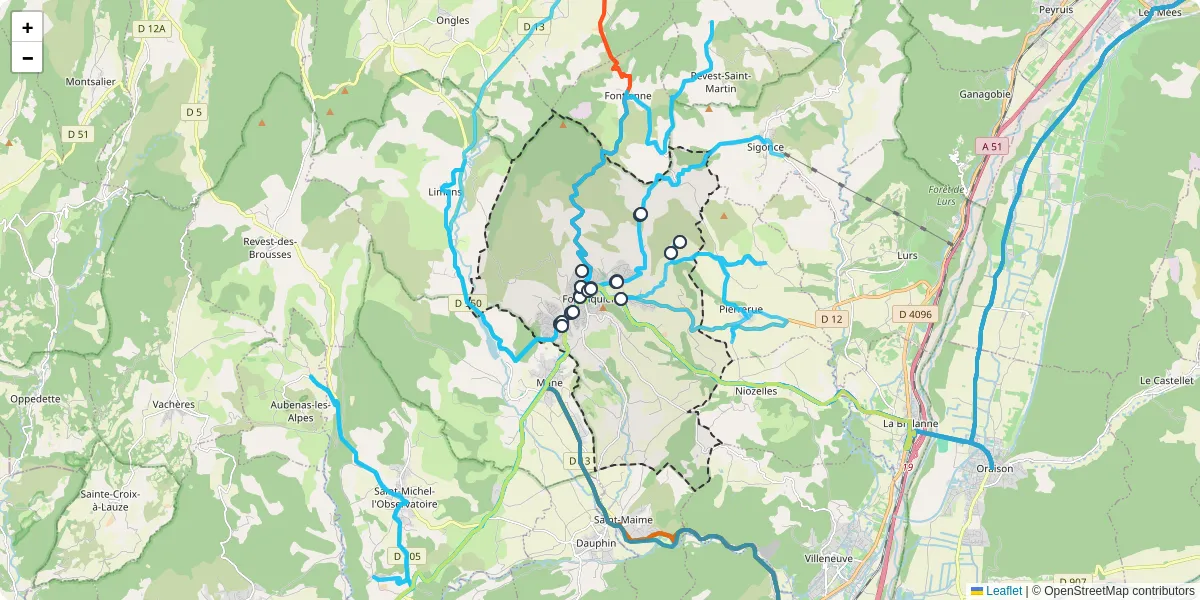 Carte du réseau de transport en commun à Forcalquier - lignes de bus et arrêts