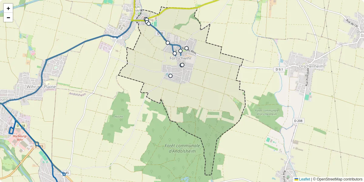 Carte du réseau de transport en commun à Fortschwihr - lignes de bus et arrêts