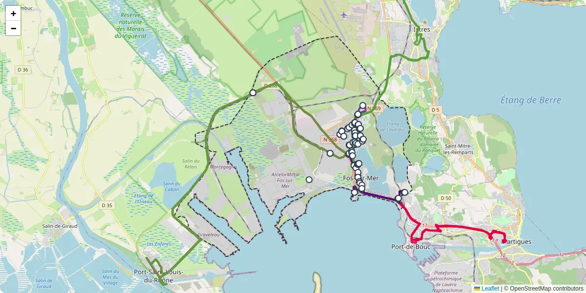 Carte du réseau de transport en commun à Fos-sur-Mer - lignes de bus et arrêts