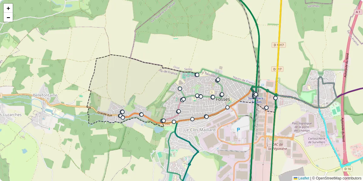 Carte du réseau de transport en commun à Fosses - lignes de bus et arrêts