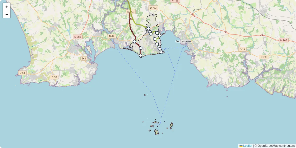 Carte du réseau de transport en commun à Fouesnant - lignes de bus et arrêts