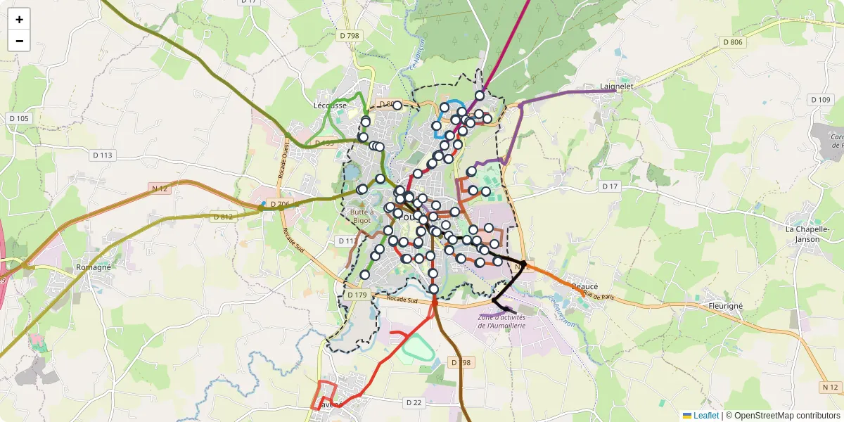 Carte du réseau de transport en commun à Fougères - lignes de bus et arrêts