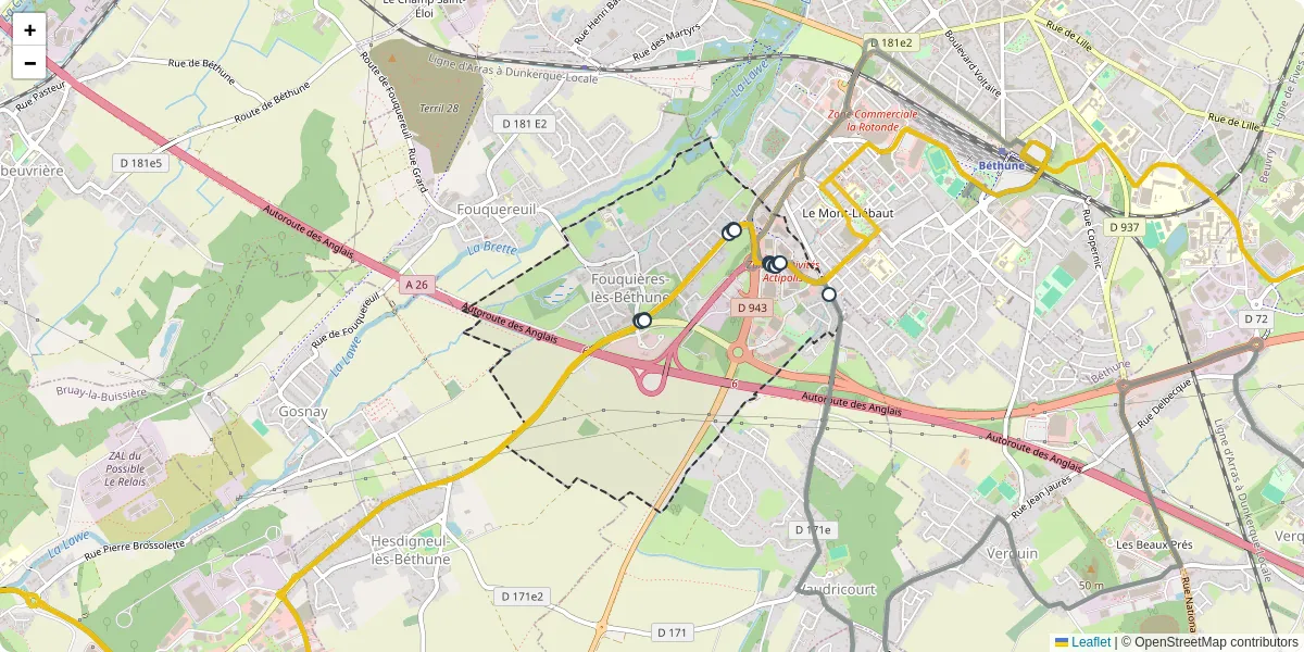 Carte du réseau de transport en commun à Fouquières-lès-Béthune - lignes de bus et arrêts