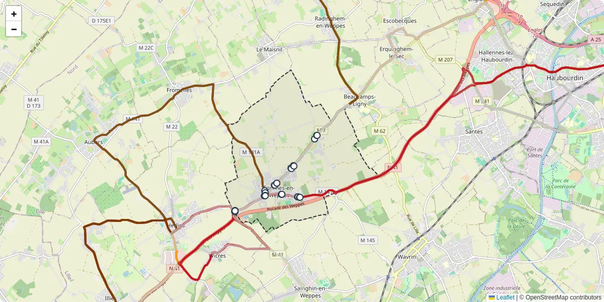 Carte du réseau de transport en commun à Fournes-en-Weppes - lignes de bus et arrêts