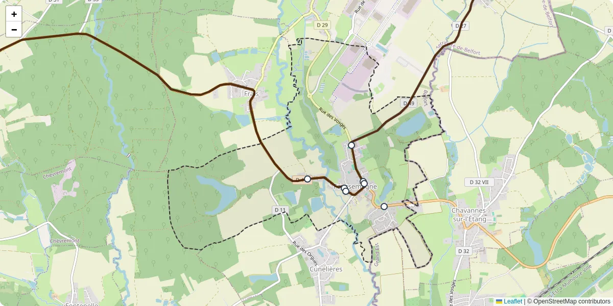 Carte du réseau de transport en commun à Foussemagne - lignes de bus et arrêts