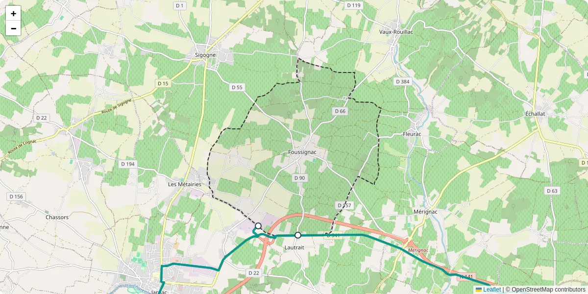 Carte du réseau de transport en commun à Foussignac - lignes de bus et arrêts