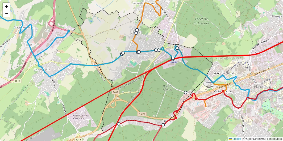 Carte du réseau de transport en commun à Franois - lignes de bus et arrêts