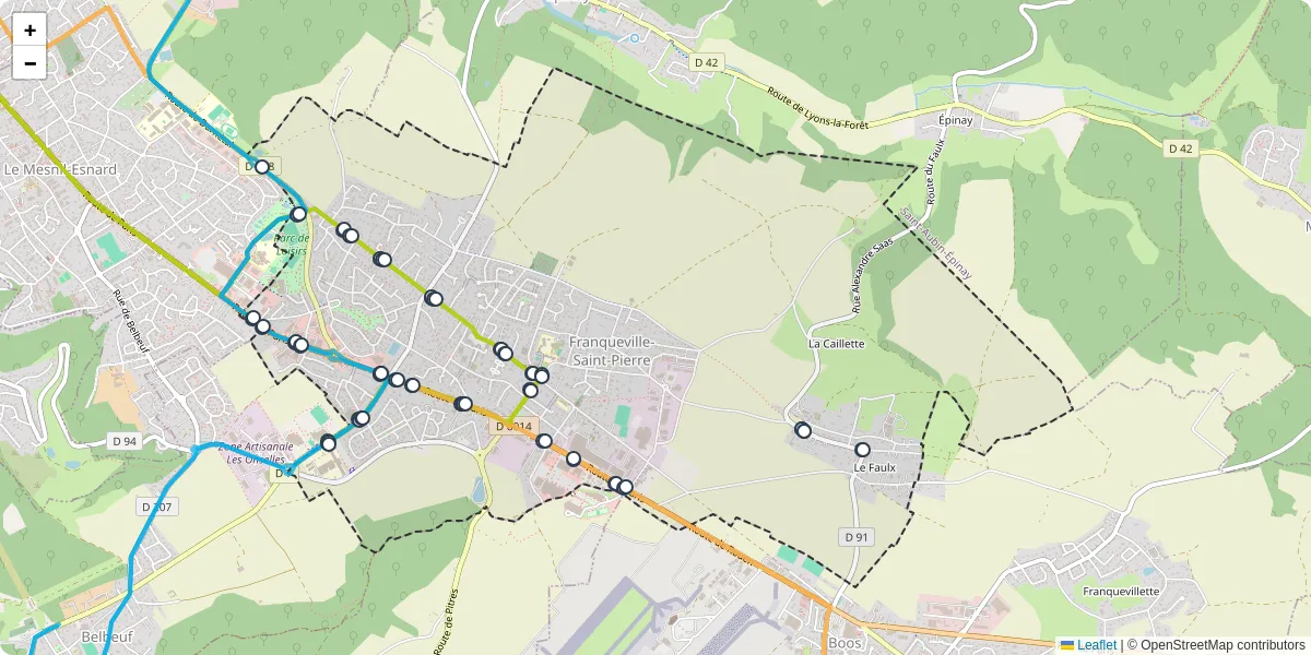 Carte du réseau de transport en commun à Franqueville-Saint-Pierre - lignes de bus et arrêts