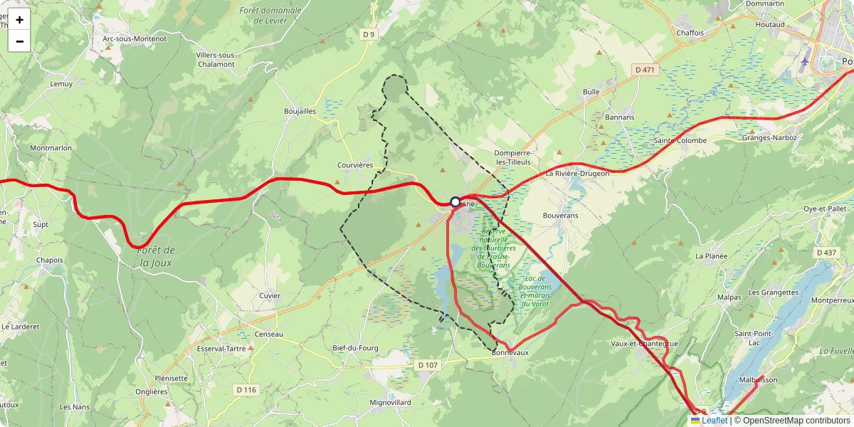 Carte du réseau de transport en commun à Frasne - lignes de bus et arrêts