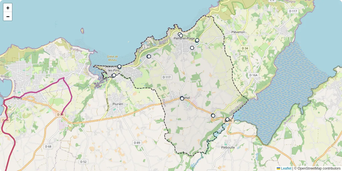 Carte du réseau de transport en commun à Fréhel - lignes de bus et arrêts