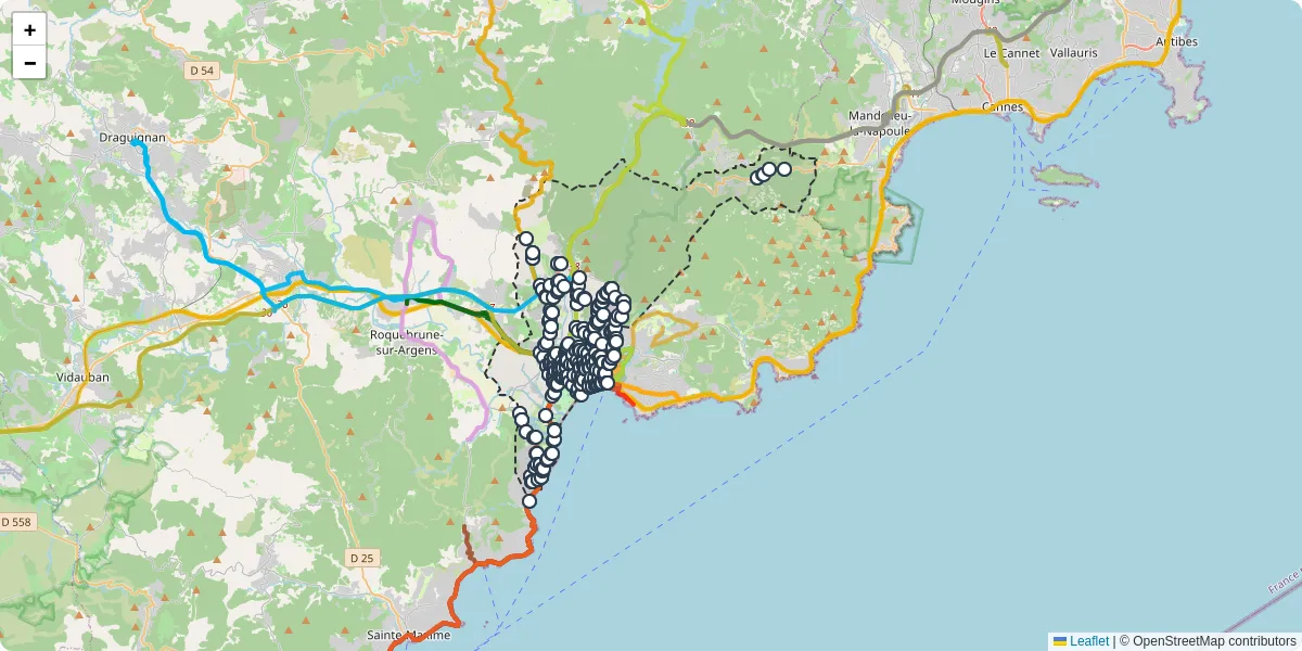 Carte du réseau de transport en commun à Fréjus - lignes de bus et arrêts