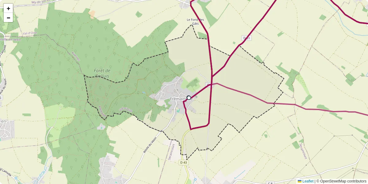 Carte du réseau de transport en commun à Frémainville - lignes de bus et arrêts