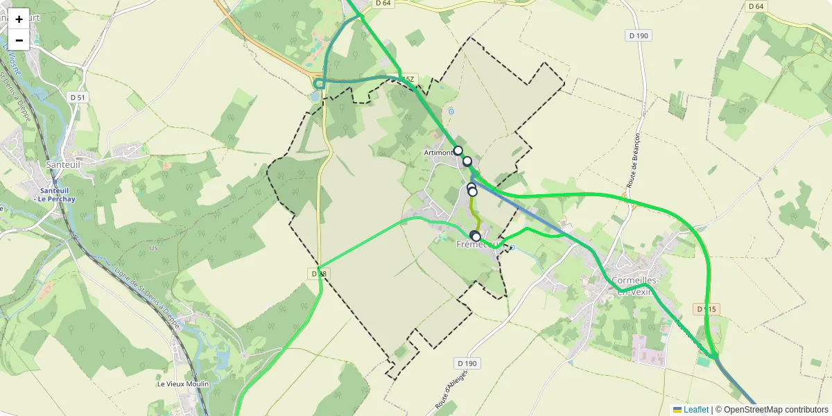 Carte du réseau de transport en commun à Frémécourt - lignes de bus et arrêts