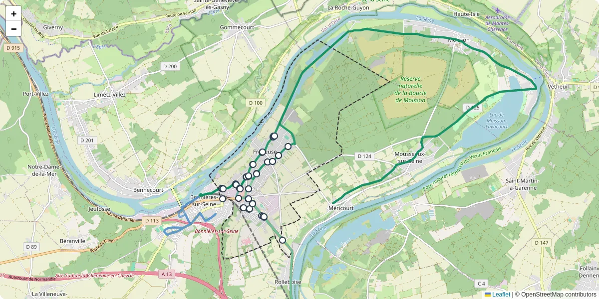 Carte du réseau de transport en commun à Freneuse - lignes de bus et arrêts