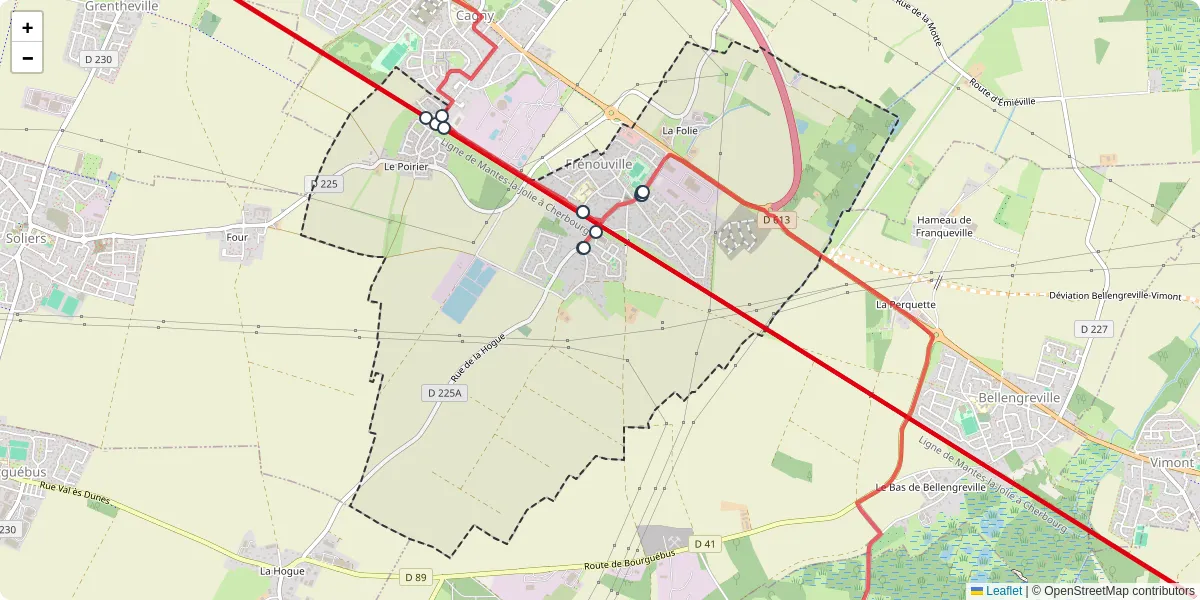 Carte du réseau de transport en commun à Frénouville - lignes de bus et arrêts