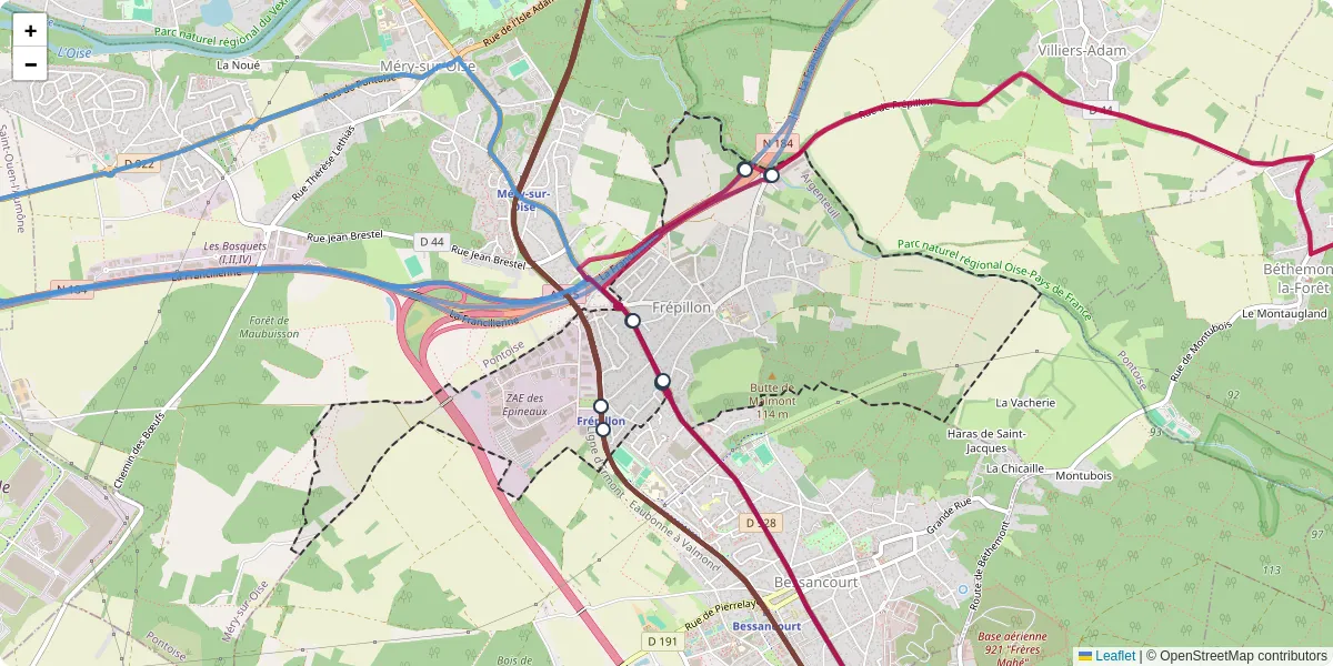 Carte du réseau de transport en commun à Frépillon - lignes de bus et arrêts