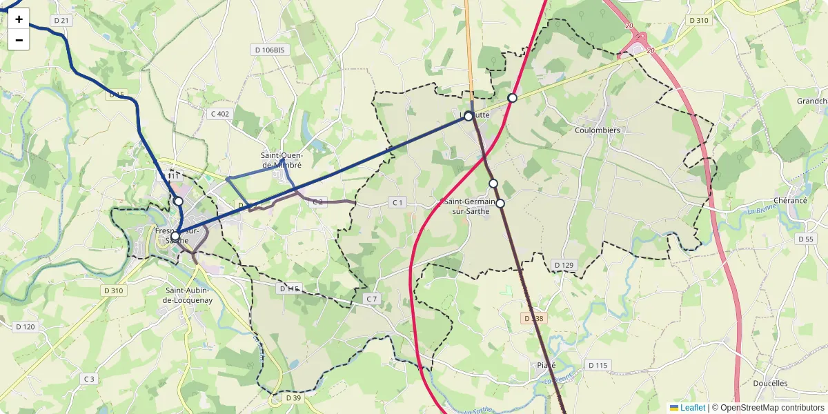 Carte du réseau de transport en commun à Fresnay-sur-Sarthe - lignes de bus et arrêts
