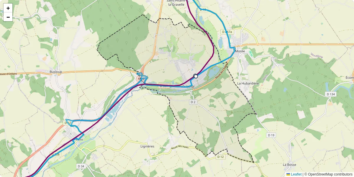 Carte du réseau de transport en commun à Fréteval - lignes de bus et arrêts