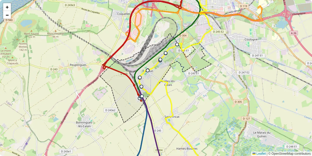 Carte du réseau de transport en commun à Fréthun - lignes de bus et arrêts
