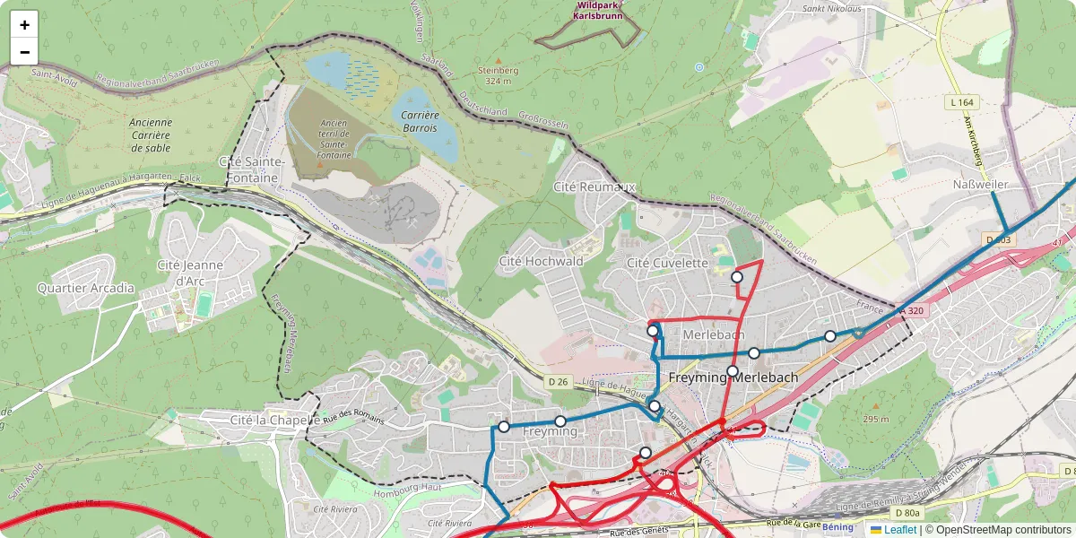 Carte du réseau de transport en commun à Freyming-Merlebach - lignes de bus et arrêts