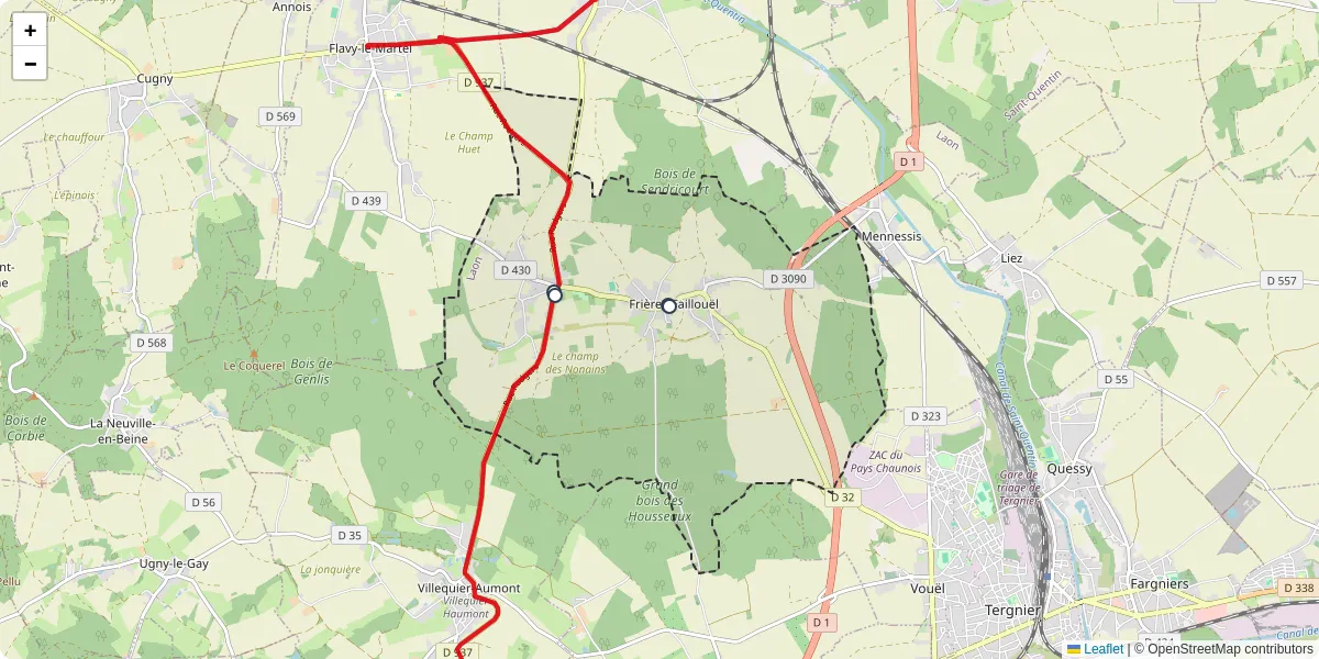 Carte du réseau de transport en commun à Frières-Faillouël - lignes de bus et arrêts