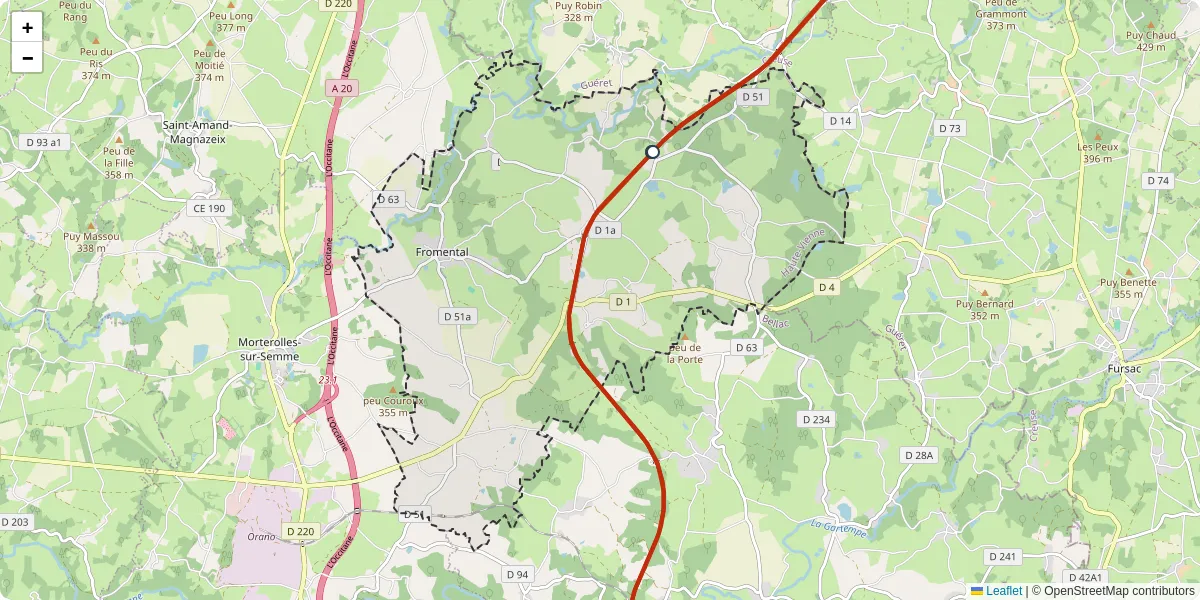 Carte du réseau de transport en commun à Fromental - lignes de bus et arrêts