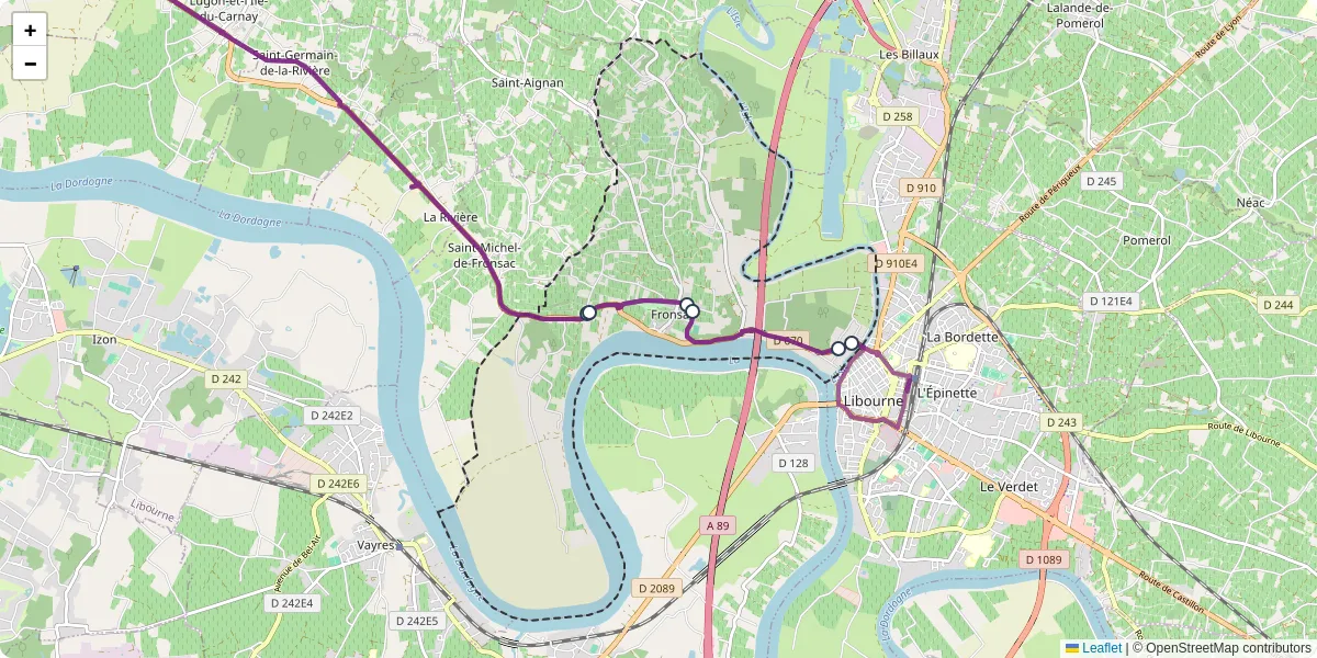 Carte du réseau de transport en commun à Fronsac - lignes de bus et arrêts