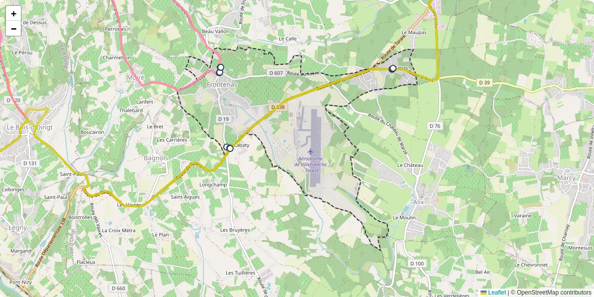 Carte du réseau de transport en commun à Frontenas - lignes de bus et arrêts